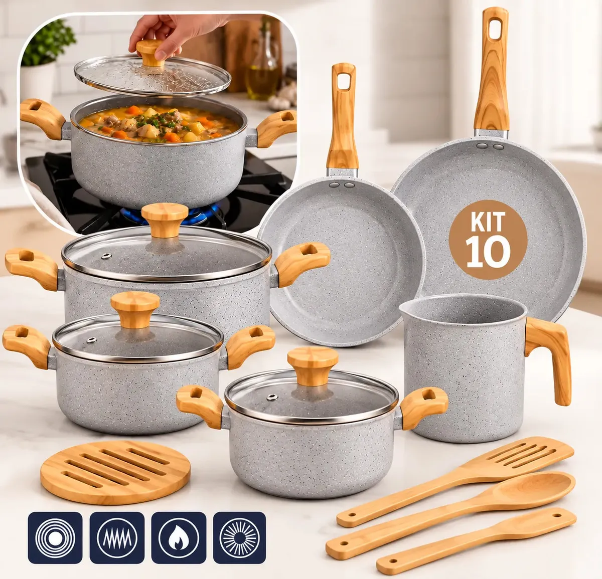 Conjunto de Panelas Cerâmica Mimo Style Pratic Cook com 10 Peças e Antiaderente para Indução