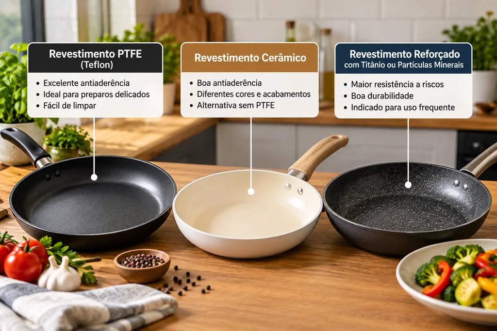 Comparação de panelas antiaderentes com revestimentos de PTFE, cerâmico e reforçado com partículas minerais
